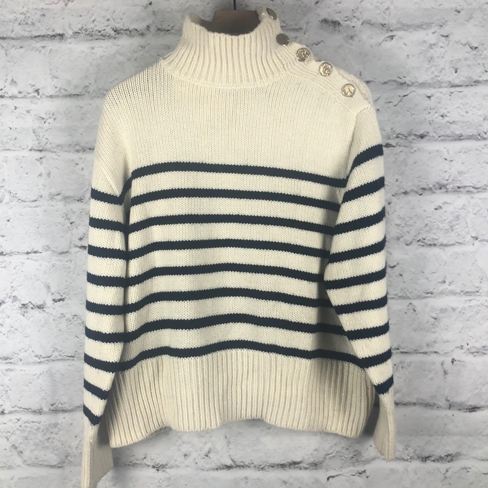 Zara Cream and Navy Striped Button-Shoulder Turtleneck Sweater